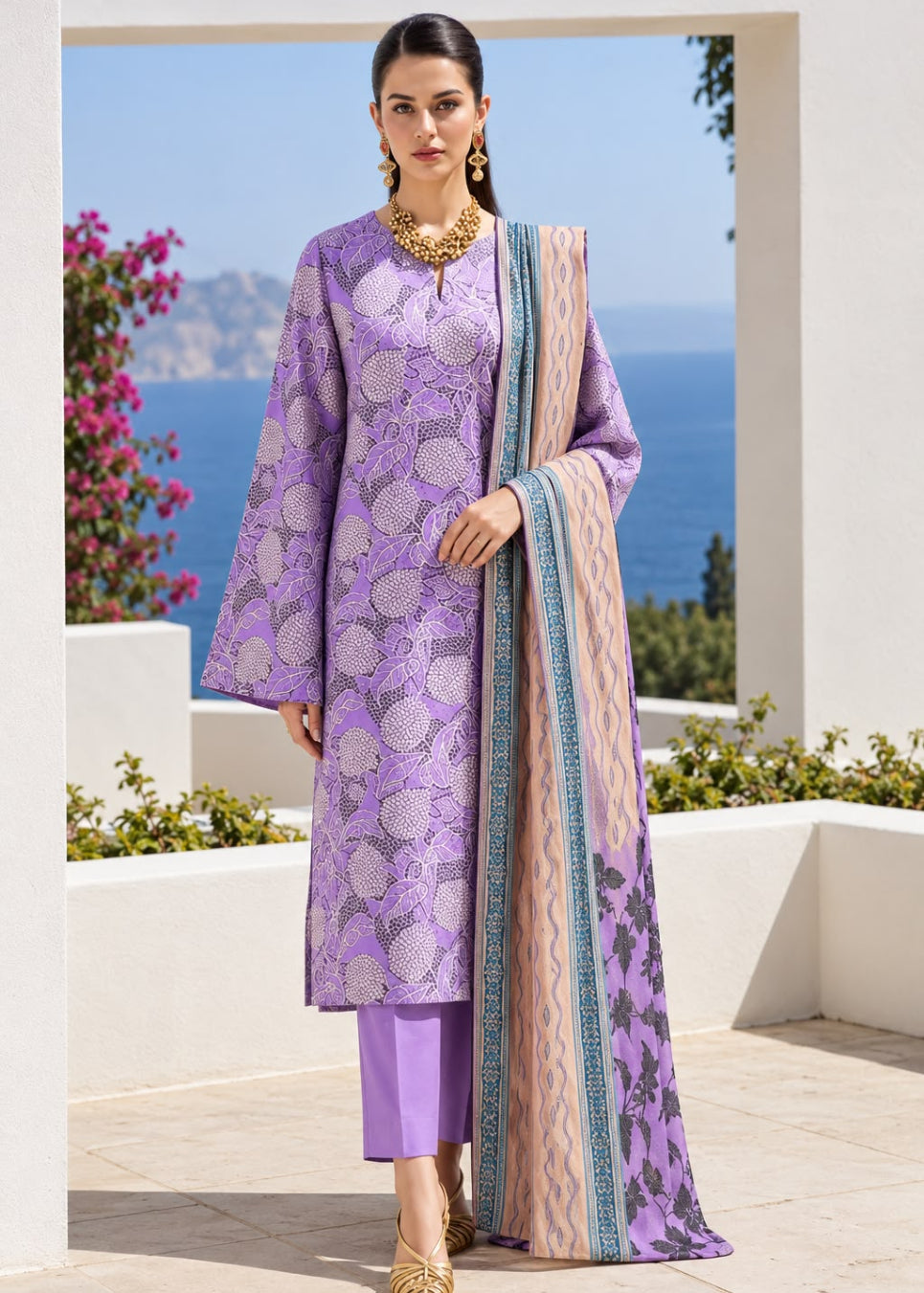 A woman models a traditional three-piece ethnic suit set in an outdoor setting with a sea view background. The set includes a lavender purple kurta with a silver floral pattern, matching purple trousers, and a beige dupatta with blue borders and purple floral motifs.