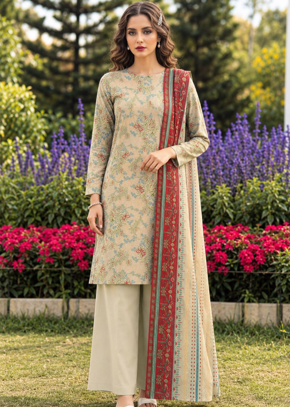 A woman stands outdoors in a garden wearing a traditional three-piece salwar kameez suit. The set features a beige kurta with a light blue and red floral print, matching beige wide-leg trousers, and a red dupatta with blue and green borders.