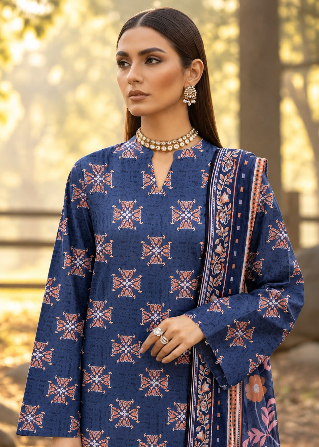 A woman wearing a navy blue printed salwar kameez suit with a matching dupatta, standing outdoors in a park-like setting with blurred trees in the background.