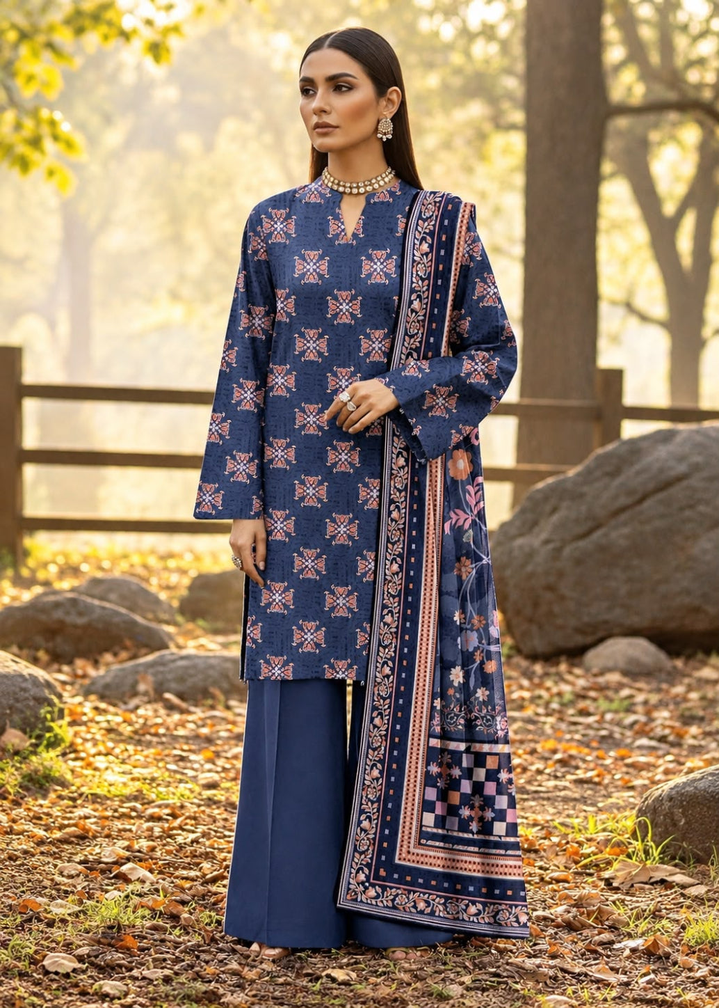 A woman stands outdoors in a wooded setting wearing a navy blue ethnic outfit with pink and gold geometric patterns, matching wide-leg pants, and a patterned dupatta.