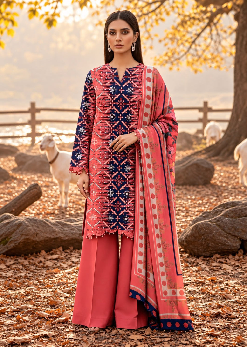 A woman stands outdoors in a wooded area with fallen leaves and rocks, wearing a traditional South Asian outfit consisting of a coral pink kurta with blue and gold geometric embroidery, matching wide-leg trousers, and a coral dupatta with a blue border and gold motifs.