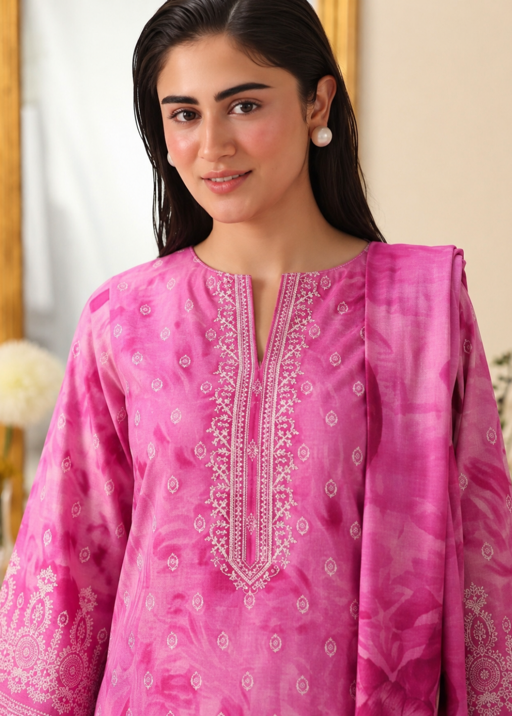 A woman wearing a bright pink traditional embroidered kurta with a matching dupatta, featuring white floral embroidery on the neckline and sleeves.