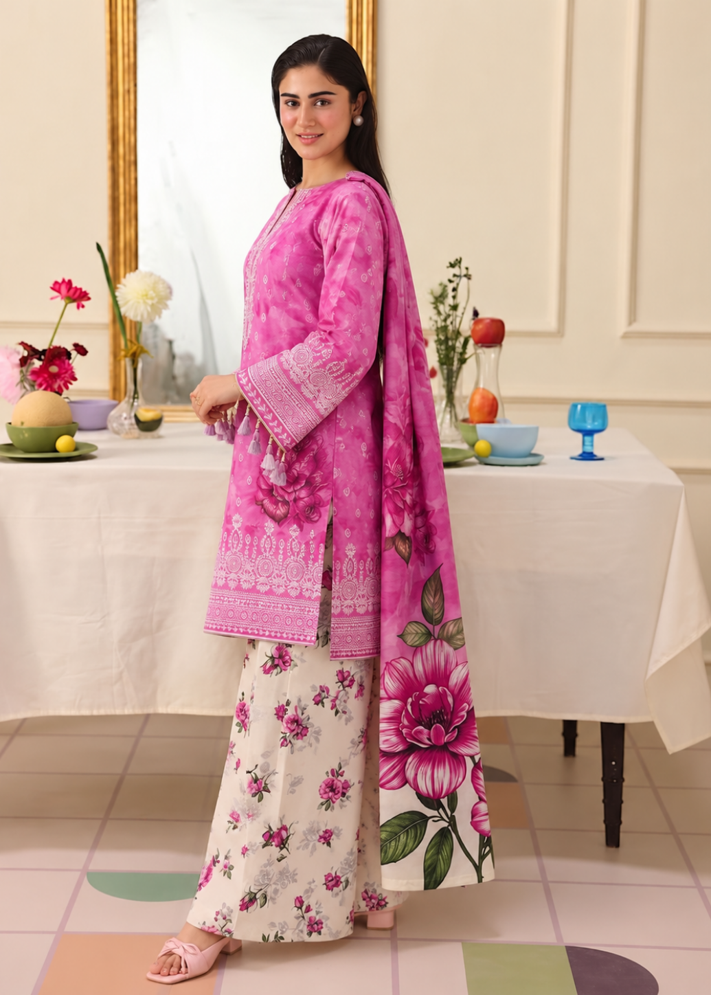 A woman modeling a traditional three-piece salwar kameez suit in pink and white. The kurta is vibrant pink with a subtle floral pattern and white border embroidery, paired with white salwar pants featuring a pink floral print and a matching pink dupatta with a large floral design.