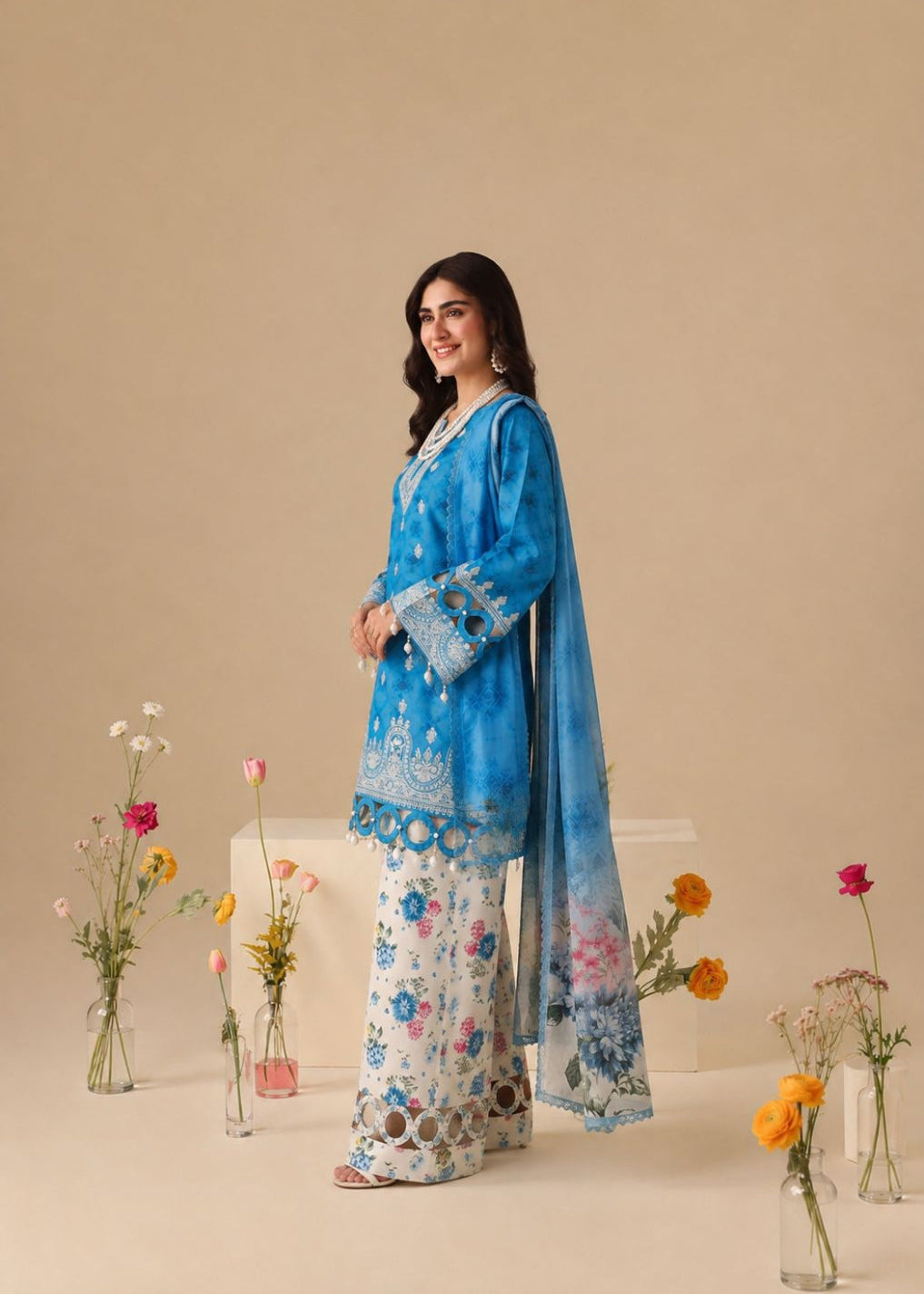 A woman models a traditional blue and white printed ethnic outfit with a matching dupatta, standing in a studio with decorative flower vases against a beige backdrop.