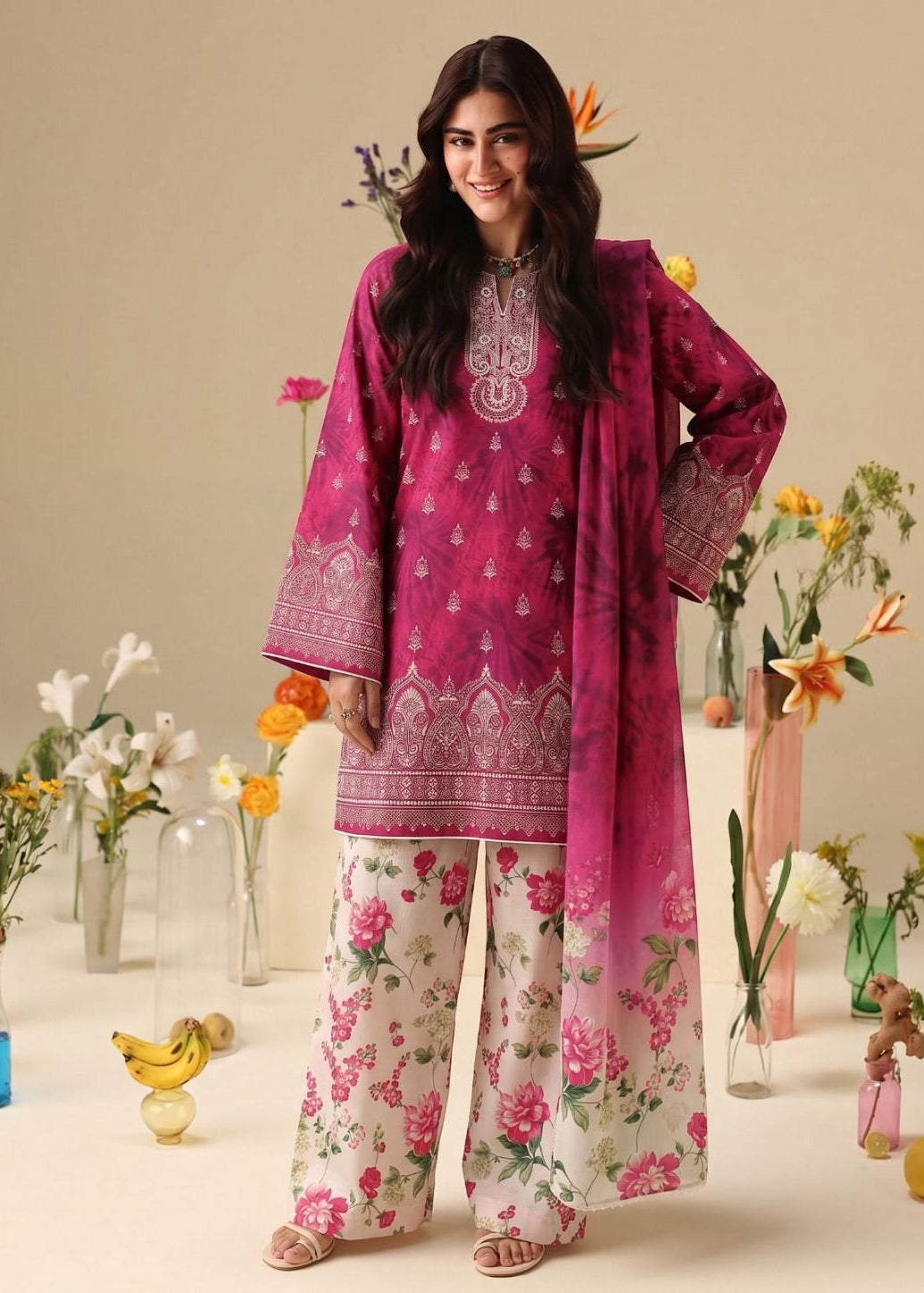 A woman models a traditional three-piece salwar kameez suit in a studio setting. The outfit features a vibrant magenta-pink printed kurta and matching dupatta with silver embroidery, paired with wide-leg trousers in a white base with a pink rose floral print.