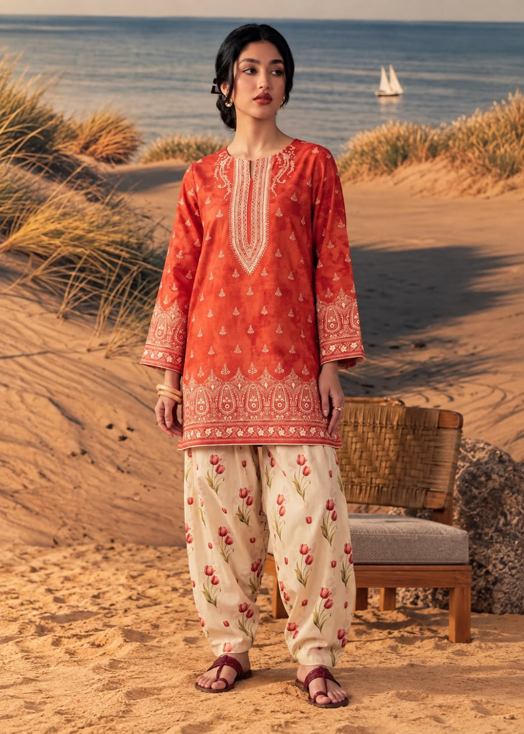 A woman stands on a sandy beach wearing a traditional outfit consisting of a coral-orange embroidered kurta and cream-colored printed pants. The background features ocean dunes, a small sailboat on the water, and a wooden chair.