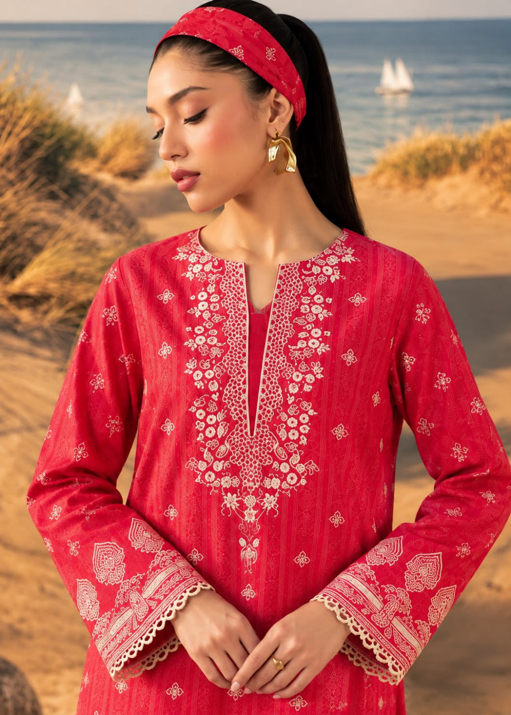 A woman wearing a red embroidered long kurta with a matching red headband, standing on a sandy beach with the ocean in the background.