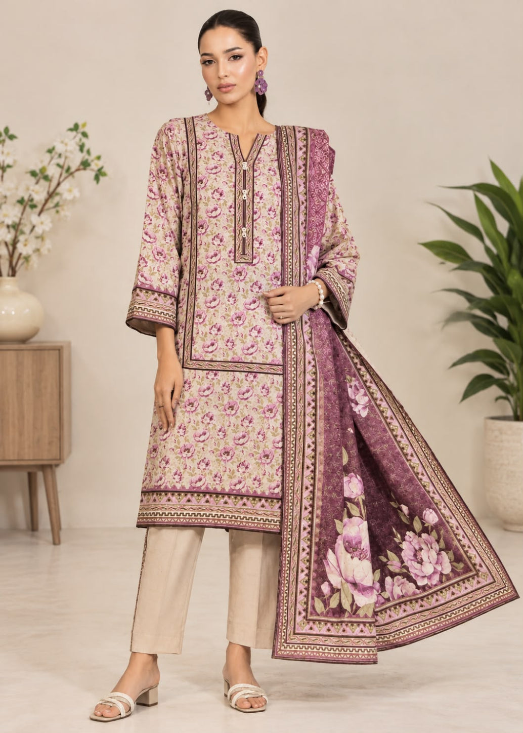 A woman models a traditional three-piece salwar kameez suit set. The set includes a light pink kurta with a purple floral print and gold borders, beige trousers, and a matching purple dupatta with large floral motifs and gold borders.