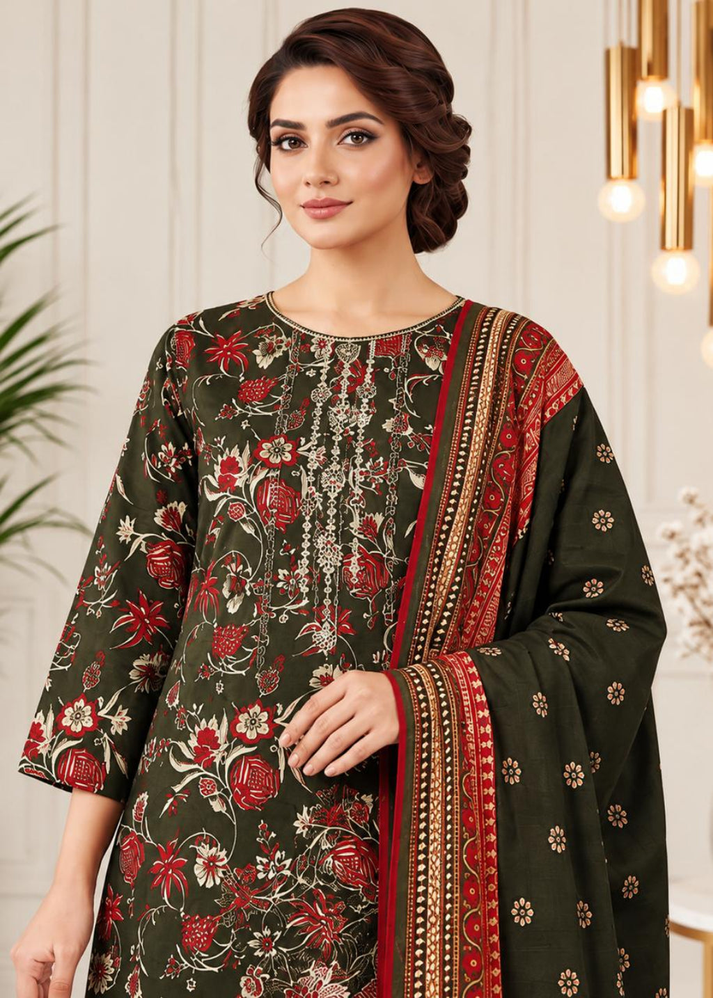 A woman models a dark olive green unstitched salwar kameez suit with red and beige floral embroidery and a matching dupatta with red and gold borders.