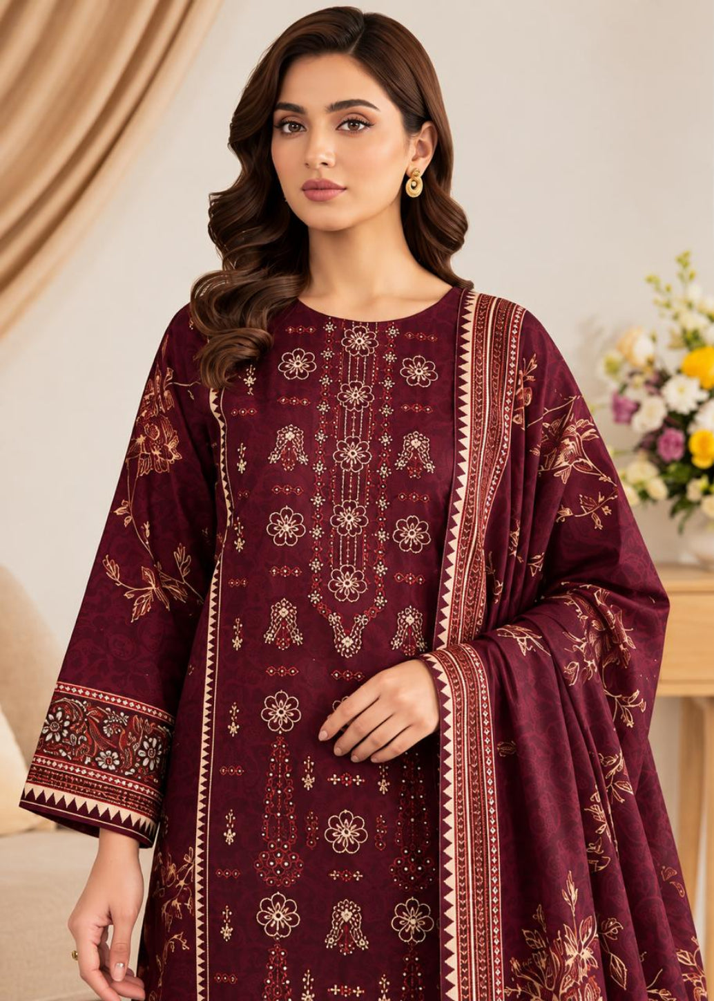 A woman modeling a deep maroon three-piece salwar kameez suit with intricate gold and beige embroidery, featuring a matching embroidered dupatta.