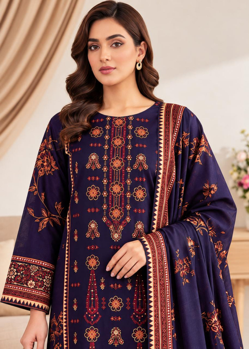 A woman modeling a navy blue traditional South Asian salwar kameez suit with intricate red and gold embroidery, featuring a matching dupatta.