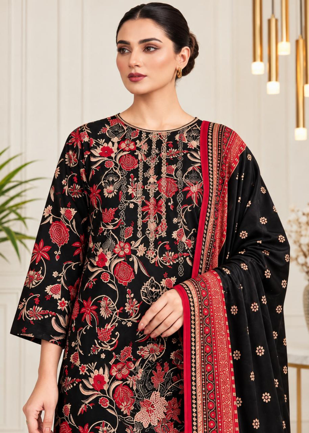 A woman models a black three-piece traditional outfit with red and gold floral embroidery, featuring a kurta, matching dupatta, and a red border-trimmed skirt.