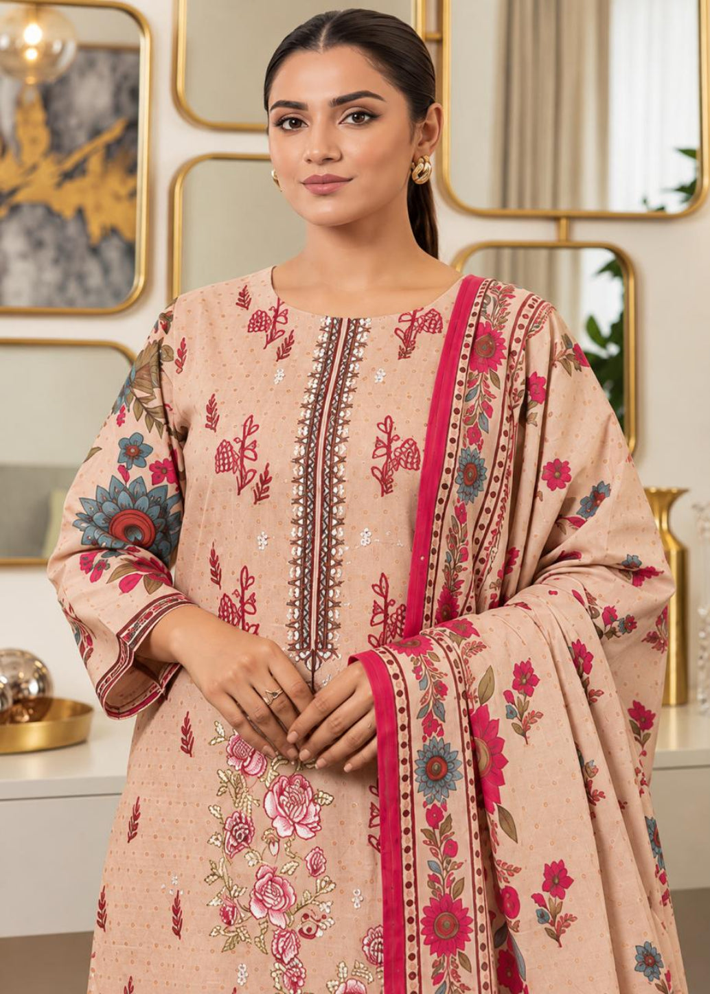 A woman modeling a traditional three-piece salwar kameez suit in beige, featuring pink and red floral prints, embroidered details, and a matching dupatta.