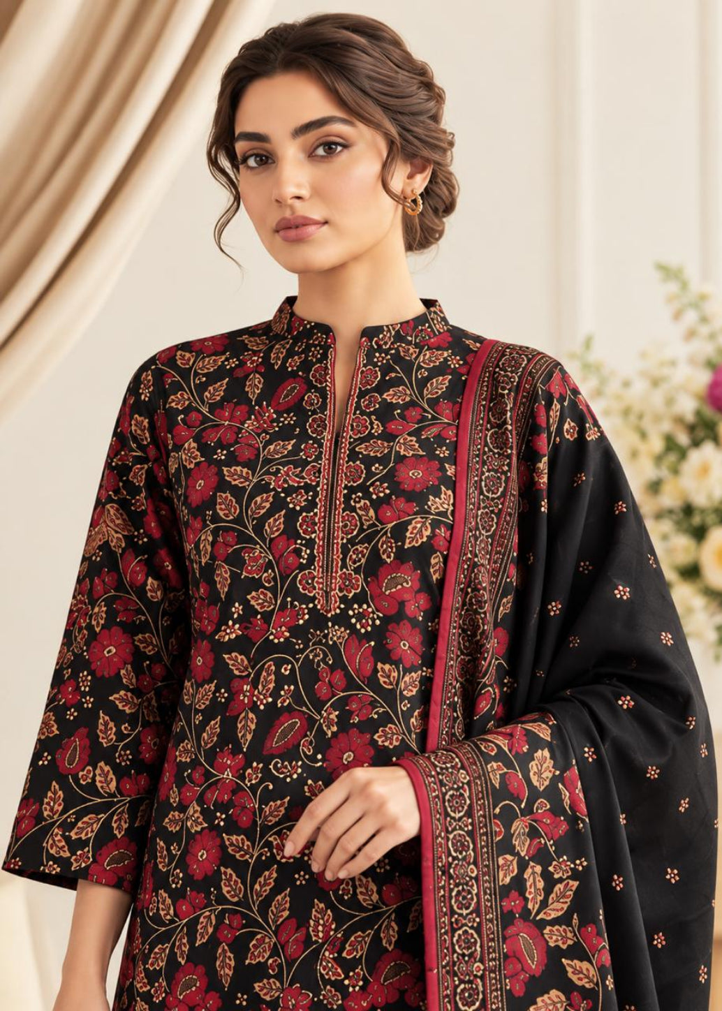 A woman modeling a black three-piece ethnic suit with red and gold floral embroidery, featuring a high mandarin collar, three-quarter sleeves, and a matching embroidered dupatta.