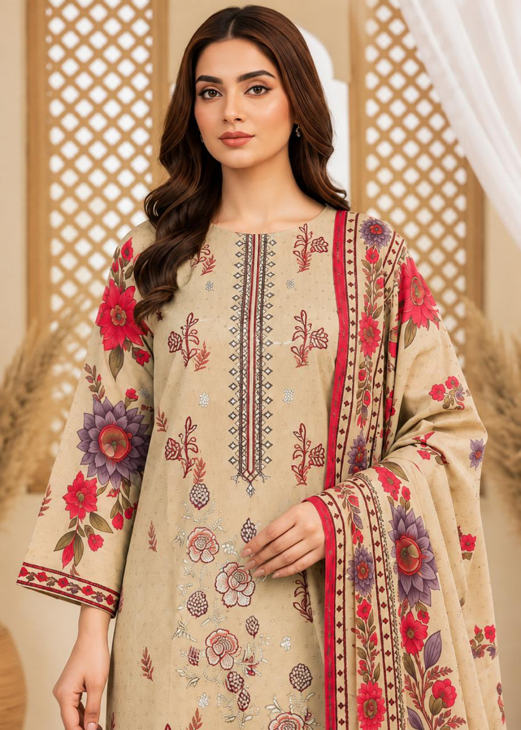 A woman modeling a beige three-piece salwar kameez suit with red and purple floral embroidery, featuring a matching dupatta.