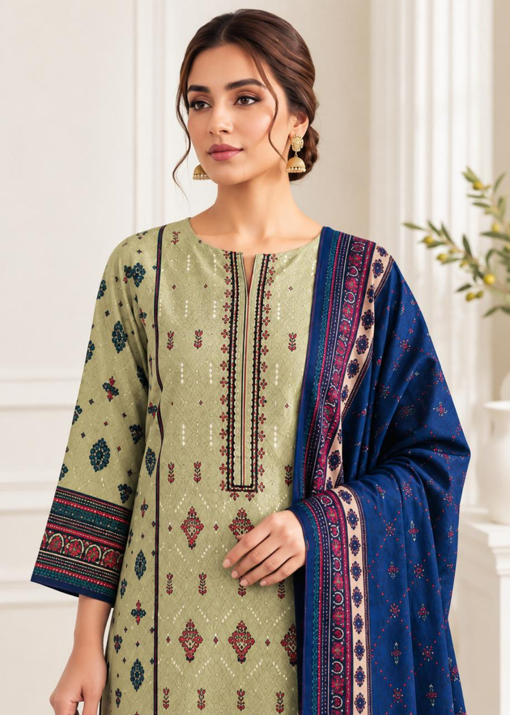 A woman modeling a traditional three-piece salwar kameez suit. The kurta is light olive green with intricate red, blue, and black embroidery, paired with a navy blue dupatta featuring red and gold borders.
