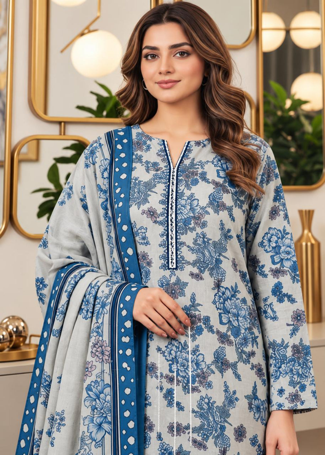 A woman modeling a traditional three-piece salwar kameez suit in light gray with blue floral prints and a matching blue printed dupatta, set against an elegant indoor background with gold-framed mirrors.