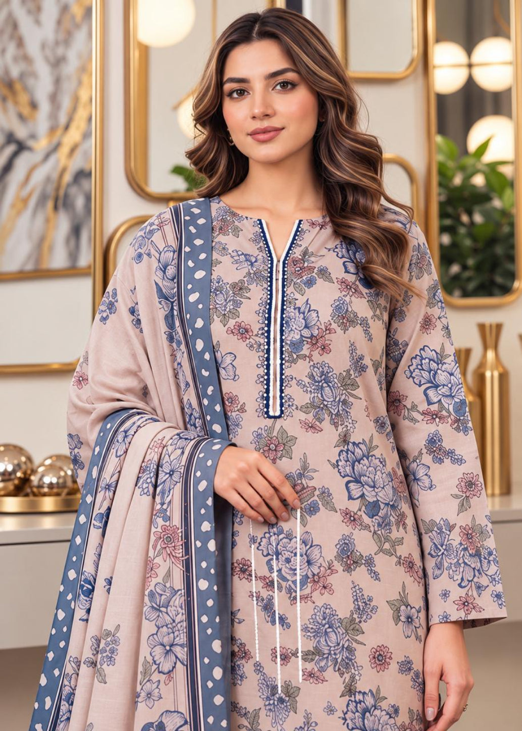 A woman models a traditional three-piece salwar kameez suit set. The set features a light beige kameez kurta with a blue and purple floral print, a matching blue printed dupatta with white polka dots, and a beige kurta with a blue printed border and white embroidery on the neckline.