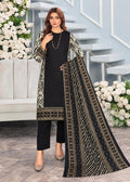A woman models a three-piece black salwar kameez suit set with beige and gold geometric patterns. The set includes a long tunic with a printed kameez collar, matching printed sleeves, straight-fit pants, and a long dupatta draped over her shoulder.