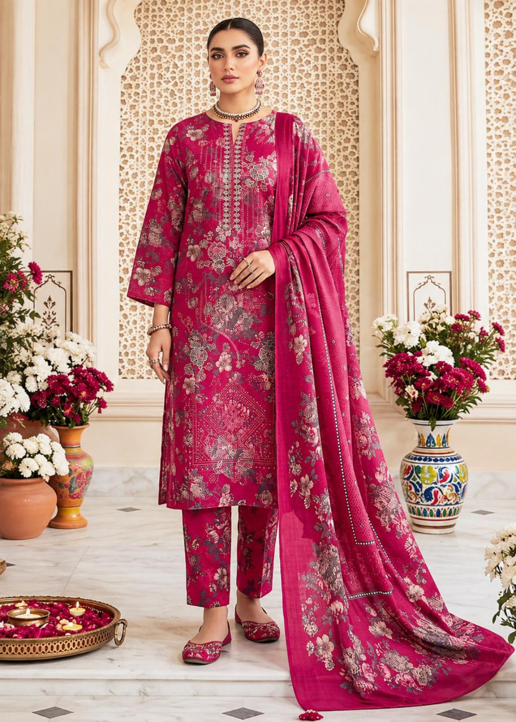 A woman models a traditional Indian salwar kameez suit in a rich magenta pink color with intricate gold and silver floral embroidery, paired with a matching dupatta, set against an ornate beige architectural background with floral arrangements.