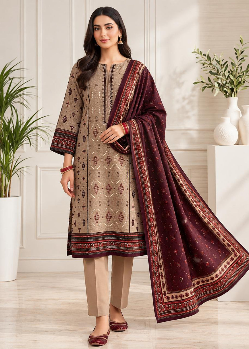 A woman models a traditional South Asian salwar kameez suit set featuring a beige kurta with geometric patterns, beige trousers, and a deep maroon dupatta with ornate borders, set against a bright, modern interior background.