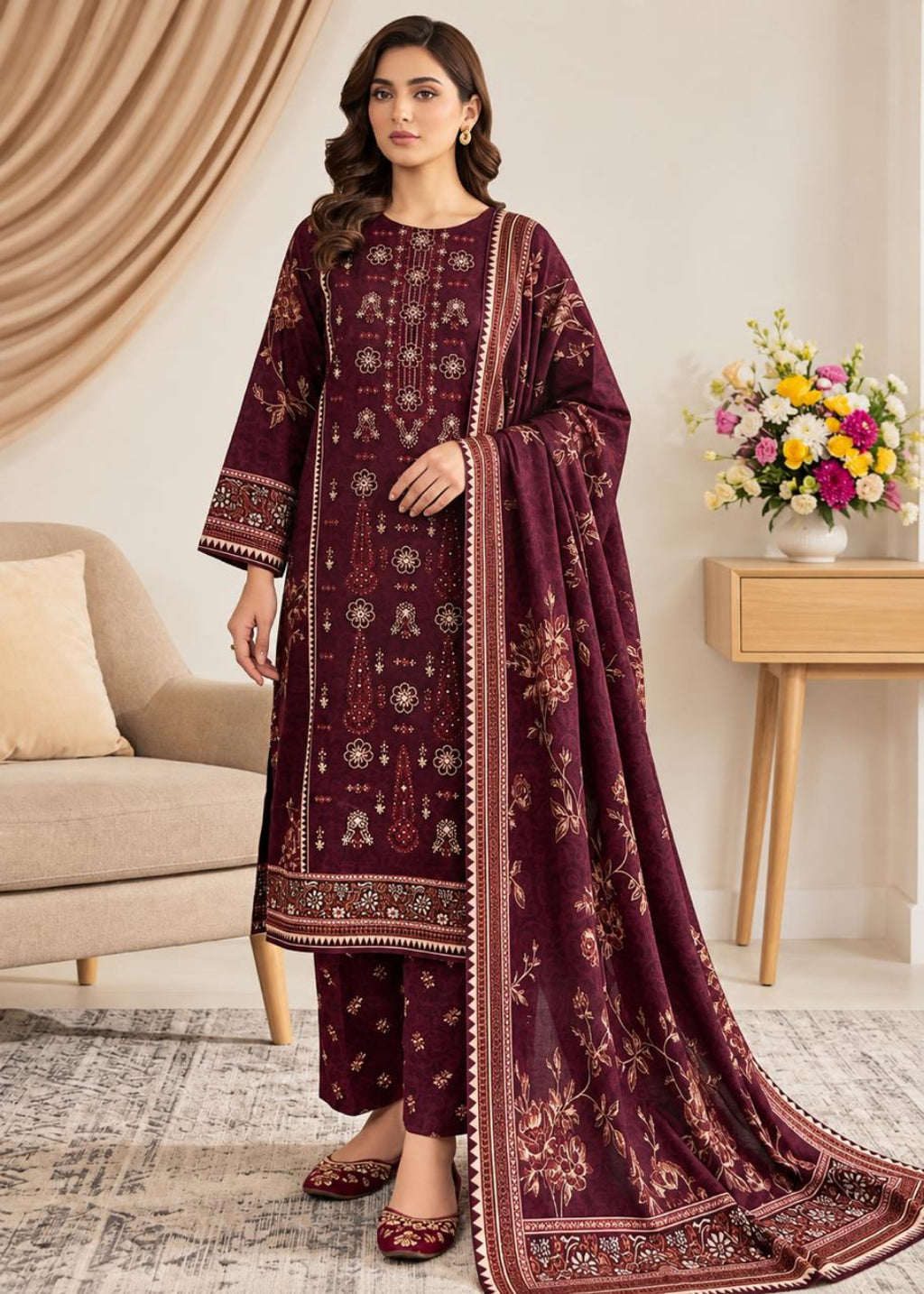 A woman models a traditional South Asian salwar kameez suit in deep maroon with intricate gold and beige floral embroidery, paired with a matching dupatta, in a styled indoor room setting.
