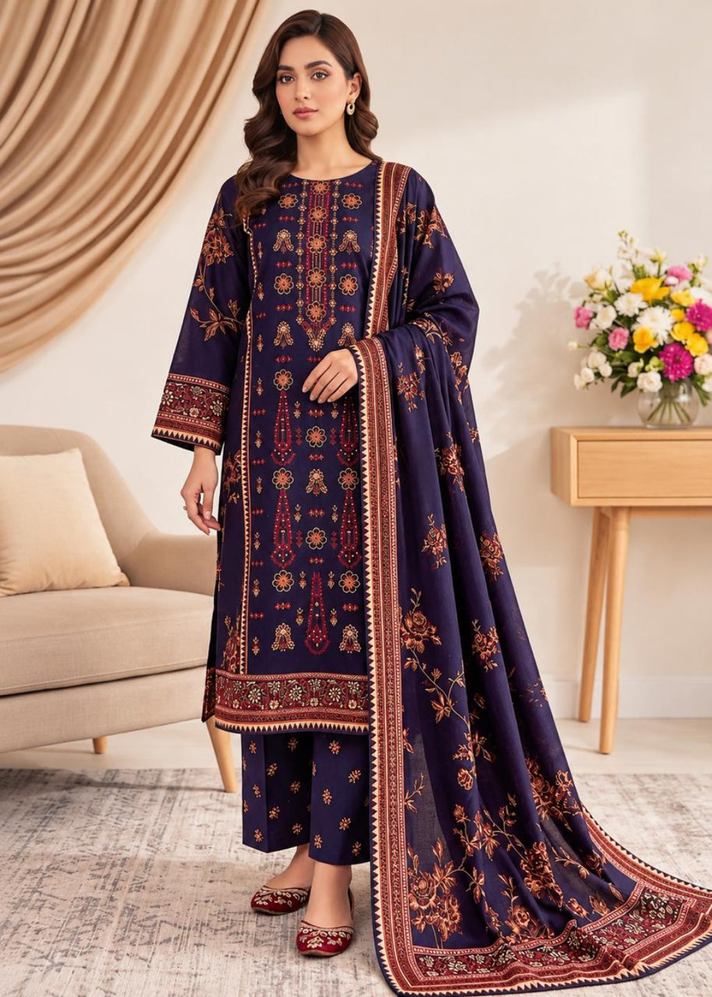 A woman models a traditional Indian salwar kameez suit in deep navy blue with intricate gold and red floral patterns, paired with matching trousers and a dupatta, in a styled indoor setting.