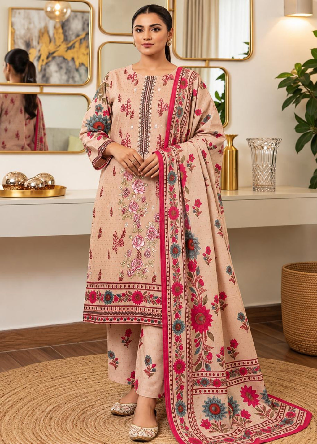 A woman models a traditional three-piece salwar kameez suit in a warm beige/peach color, decorated with vibrant pink, red, and blue floral prints. The set includes a long-sleeved tunic, matching trousers, and a coordinating dupatta draped over her shoulder, set against an elegant indoor background with mirrors and gold-framed wall art.