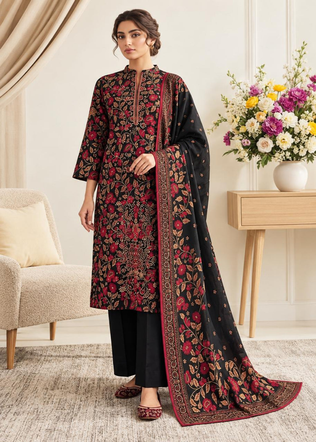 A woman models a traditional three-piece salwar kameez suit in black, featuring intricate red and gold floral embroidery, paired with black trousers and a matching embroidered dupatta, set in a warm, elegant living room.