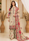 A woman models a traditional three-piece salwar kameez suit set. The set features a beige kurta and matching wide-leg trousers with red, pink, and purple floral prints, paired with a coordinating dupatta that has a red border and detailed floral embroidery.