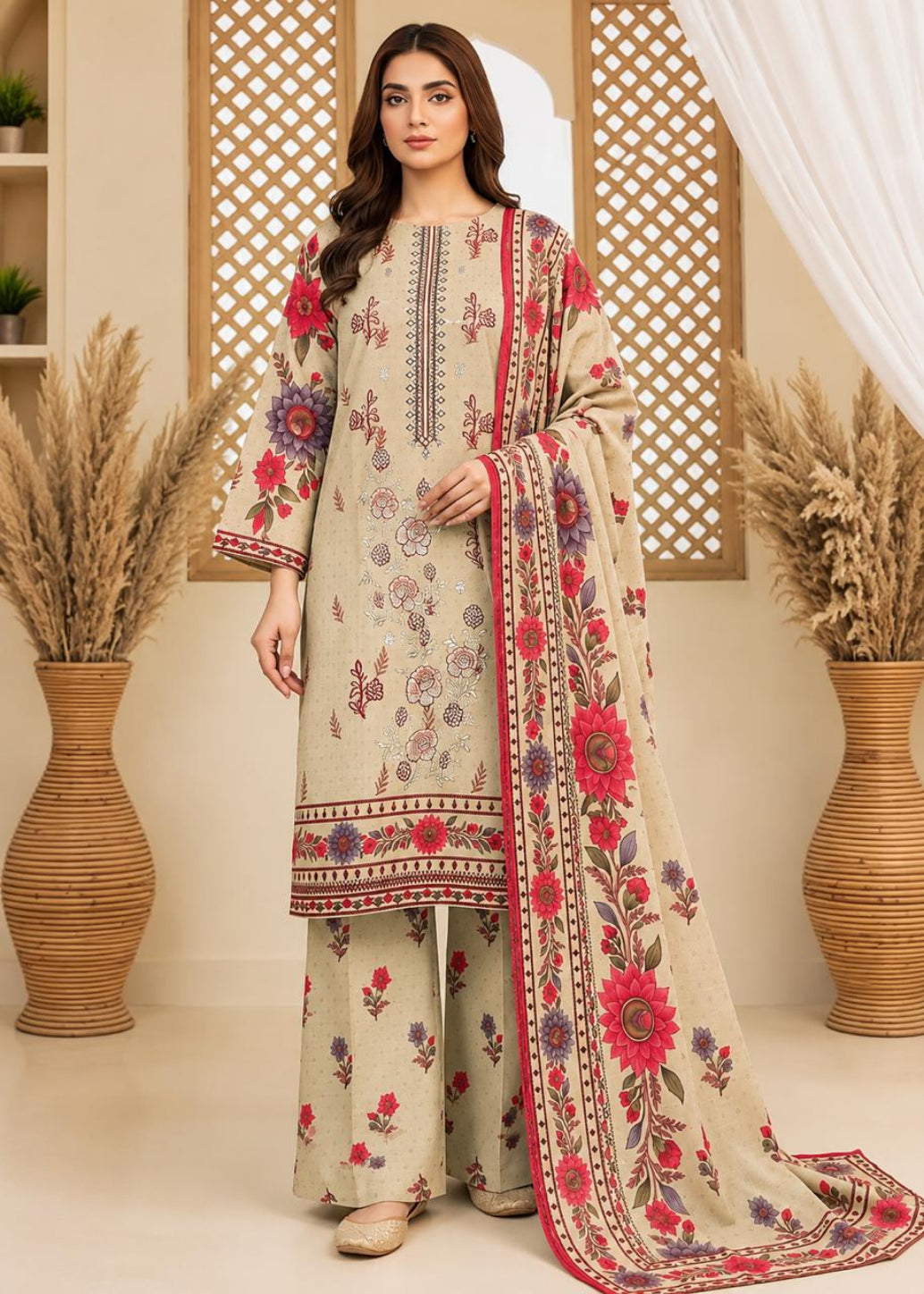 A woman models a traditional three-piece salwar kameez suit set. The set features a beige kurta and matching wide-leg trousers with red, pink, and purple floral prints, paired with a coordinating dupatta that has a red border and detailed floral embroidery.