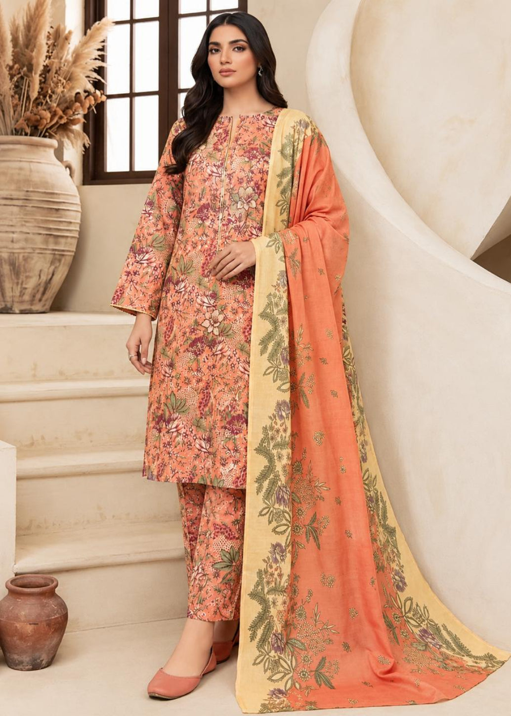 A woman models a traditional three-piece salwar kameez suit set. The set features a peach-colored kurta and matching trousers with a dense floral and botanical print, paired with a solid peach dupatta that has a wide beige border decorated with green leafy patterns.