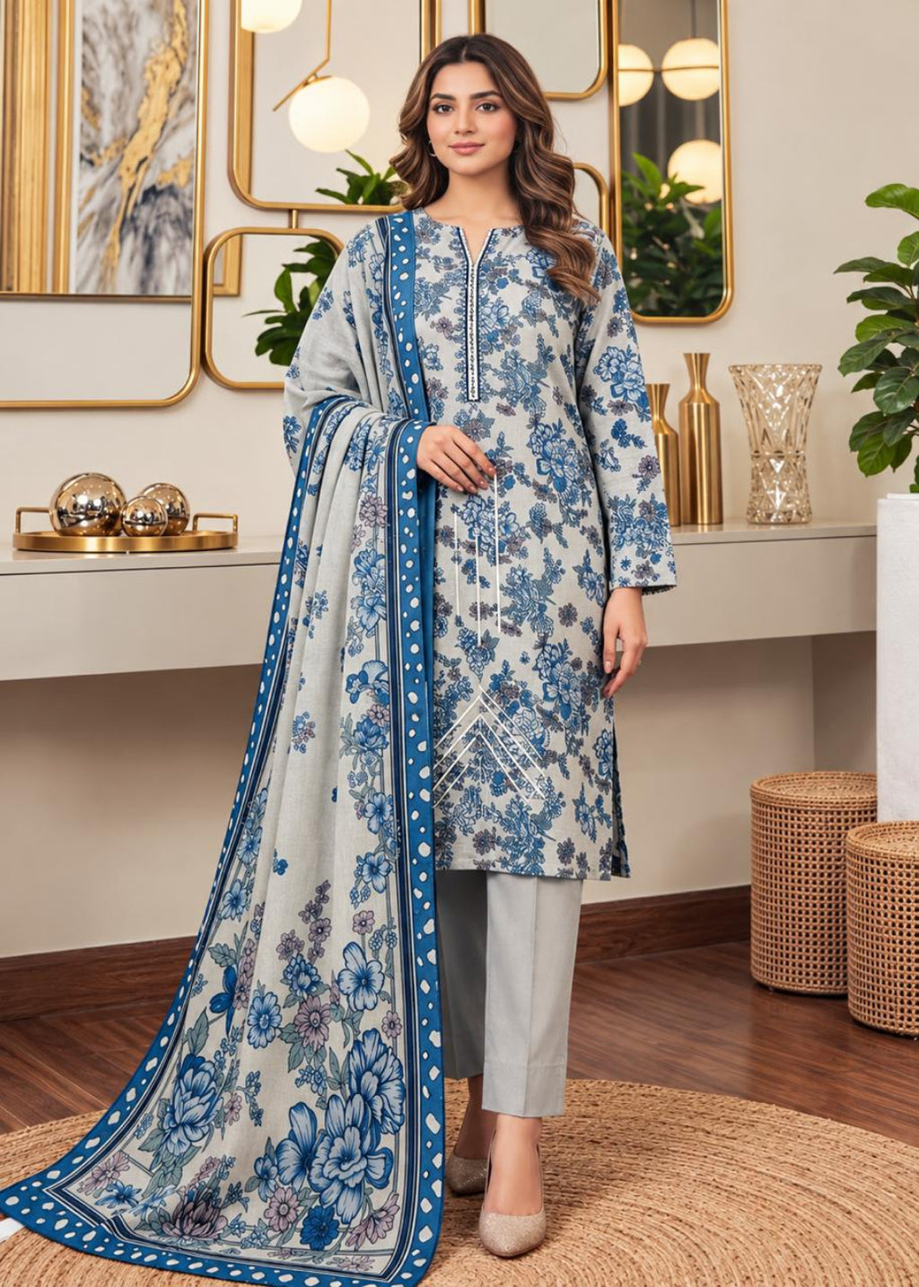 A woman models a traditional three-piece salwar kameez suit in a decorated indoor setting. The set features a light gray kameez kurta with blue floral prints, matching gray trousers, and a coordinating dupatta with a blue border and blue floral pattern.