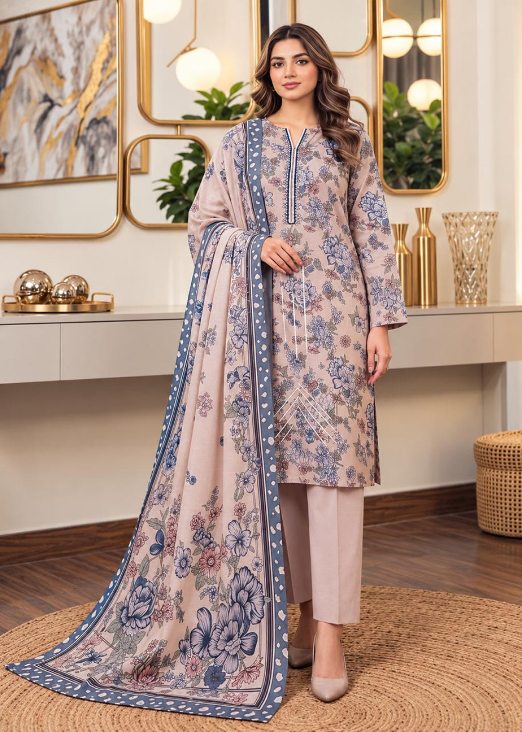 A woman models a traditional three-piece salwar kameez suit set in a beautifully decorated room. The set features a light beige kurta with blue floral prints, matching beige trousers, and a coordinating dupatta with a blue border and floral print.