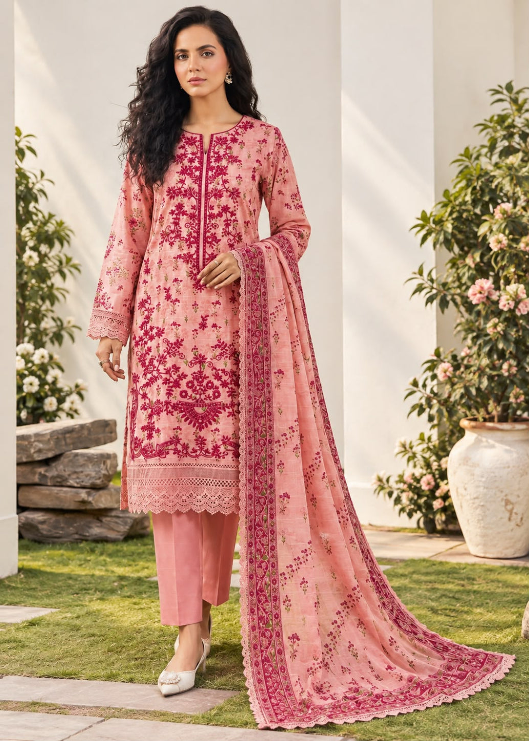 A woman models a traditional pink ethnic suit set featuring a heavily embroidered pink kurta, matching pink trousers, and a long pink dupatta with floral embroidery, set against an outdoor garden backdrop.