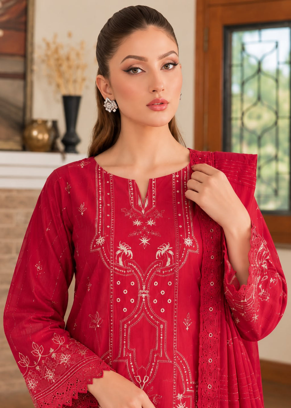 A woman wearing a red embroidered traditional tunic with white mirror work and floral embroidery, holding the matching dupatta in an indoor setting.