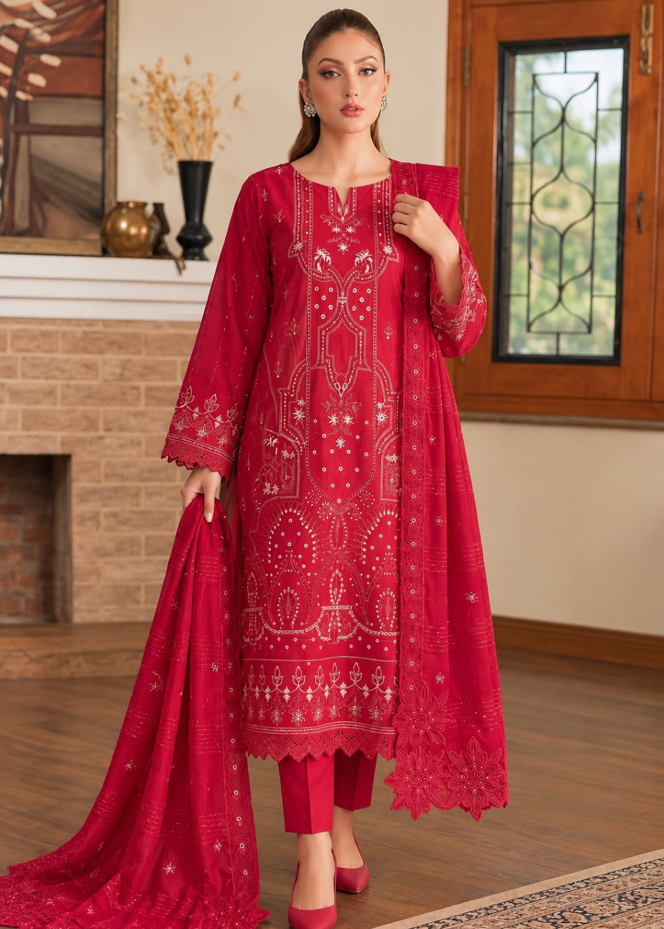 A woman models a traditional red Indian salwar kameez suit with intricate white embroidery, matching red trousers, and a coordinating dupatta in a warm indoor setting.