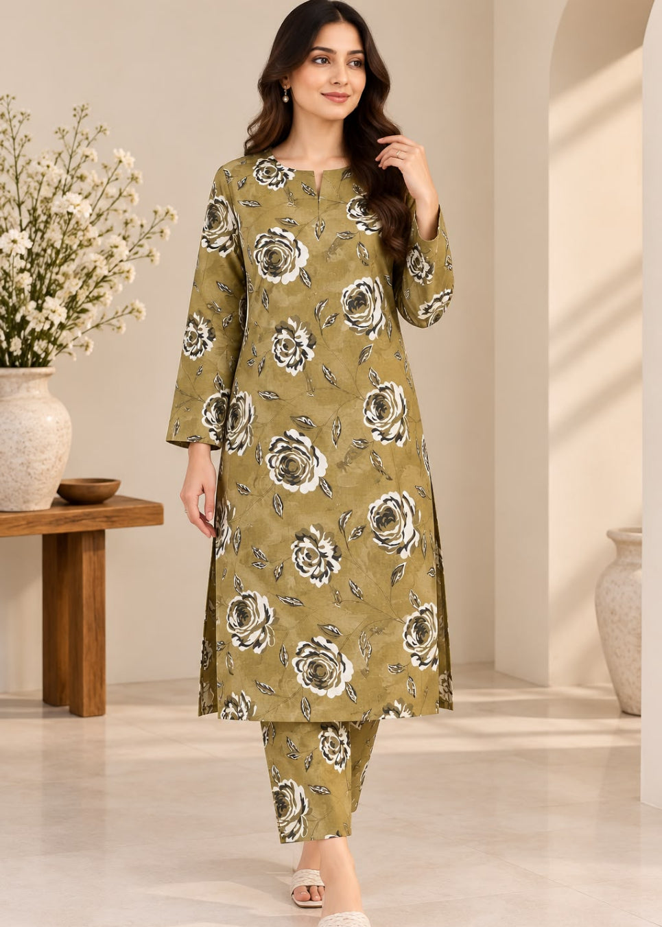 A woman models a three-piece olive green kurta set with a large white and gray floral print, featuring a long-sleeve tunic, matching pants, and a coordinating belt, set against a warm beige interior background.