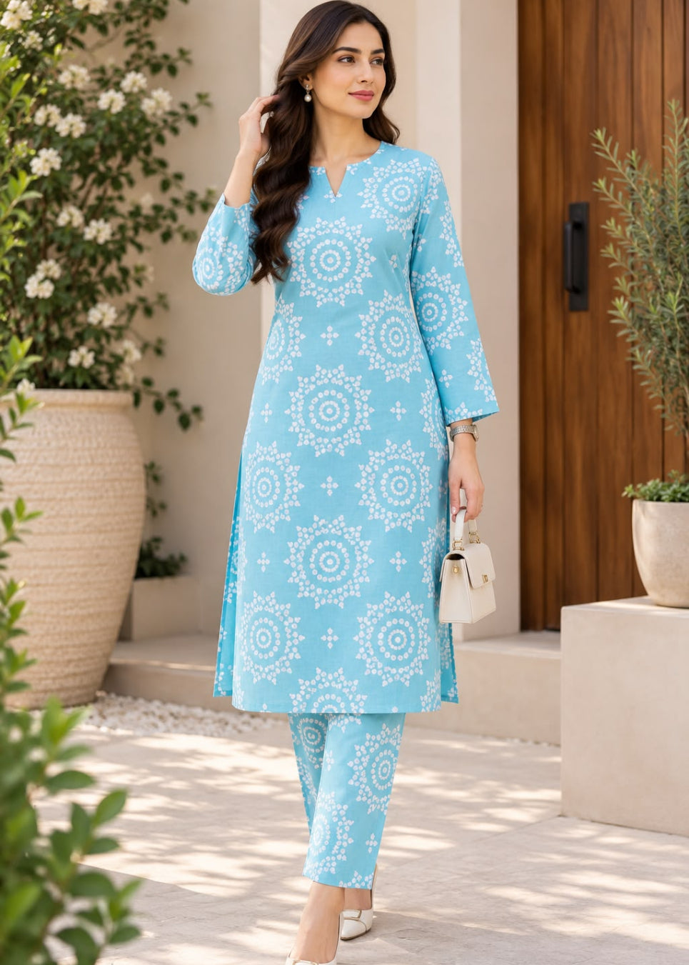 A woman models a light blue three-piece Indian kurta set with a white mandala pattern, standing in front of a beige stucco wall and wooden door.