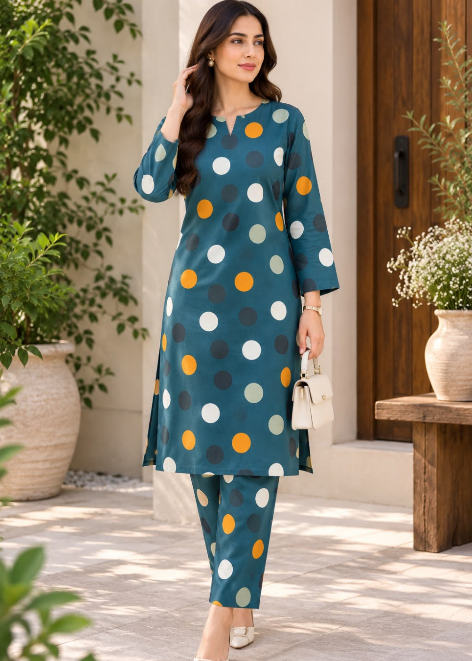 A woman models a teal blue three-piece kurta set with a colorful polka dot pattern, consisting of a long kurta, matching pants, and a small white handbag, set against an outdoor patio backdrop with plants.