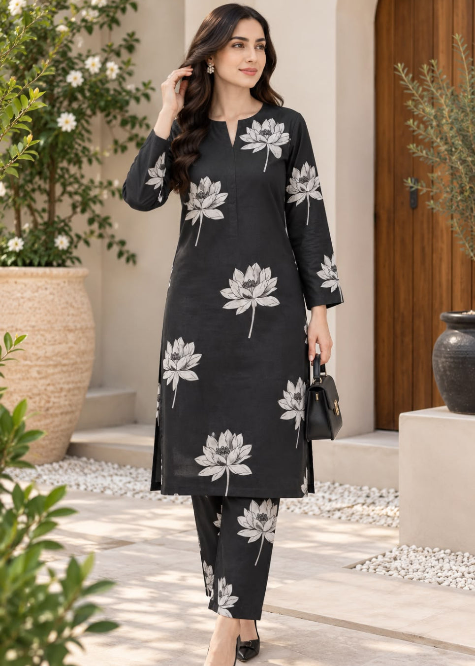 A woman models a black three-piece kurta set with a white lotus floral print, standing in an outdoor patio setting with potted plants and a wooden door.