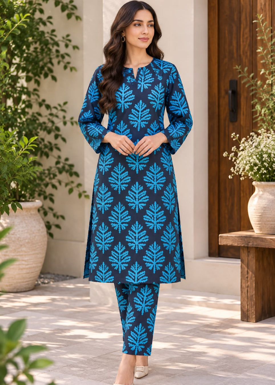 A woman modeling a blue and teal printed kurta set with matching pants, standing in a garden courtyard setting.
