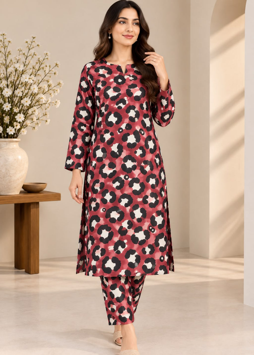 A woman modeling a three-piece salwar kameez set featuring a long-sleeve kurta and matching pants in a dusty pink color with a black and white abstract floral pattern, set against a warm beige interior background.