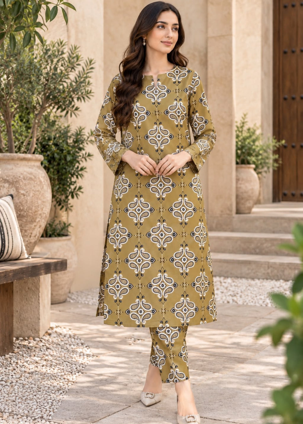 A woman models a mustard yellow kurta and trouser set with a white and gray geometric pattern, standing in front of a beige stone building with potted plants.