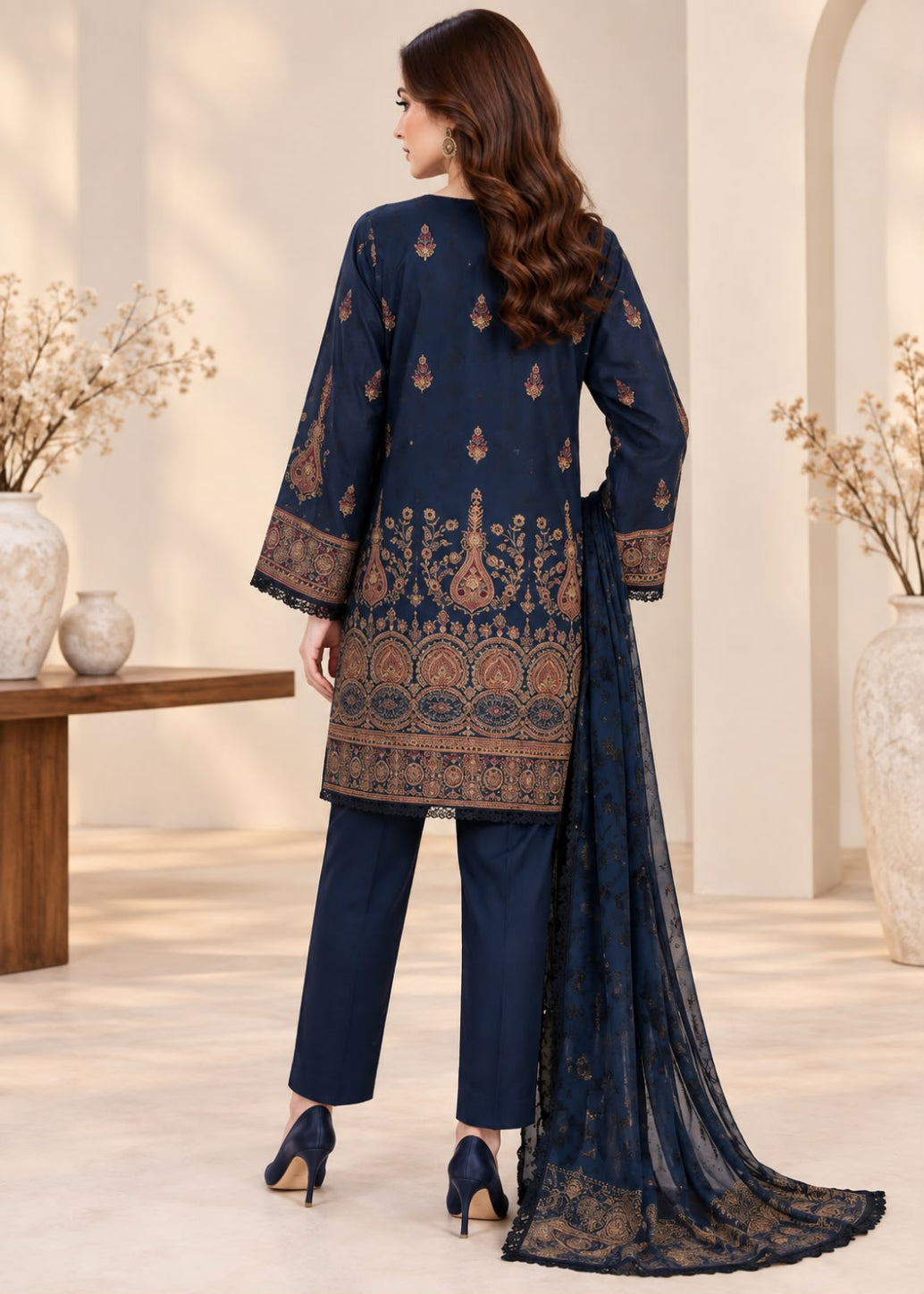 A woman shown from the back wearing a navy blue traditional outfit with ornate gold and brown embroidery, matching navy pants, and a long sheer navy dupatta with lace detailing, in an indoor styled setting.