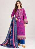 A woman modeling a traditional three-piece salwar kameez suit. The kurta is a vibrant magenta pink with intricate gold and silver embroidery and geometric patterns, paired with blue pants and a matching blue dupatta featuring a floral print and ornate gold border.