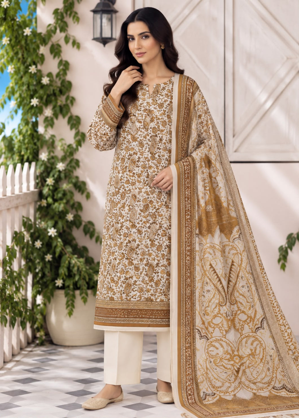 A woman models an elegant beige and gold ethnic suit set featuring a heavily embroidered kurta, matching trousers, and a large printed dupatta, set against a decorative outdoor patio backdrop.