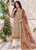 A woman models a traditional South Asian salwar kameez suit set. The set features a beige kurta with intricate brown and gold floral patterns, paired with white trousers and a matching brown paisley dupatta draped over her shoulder.