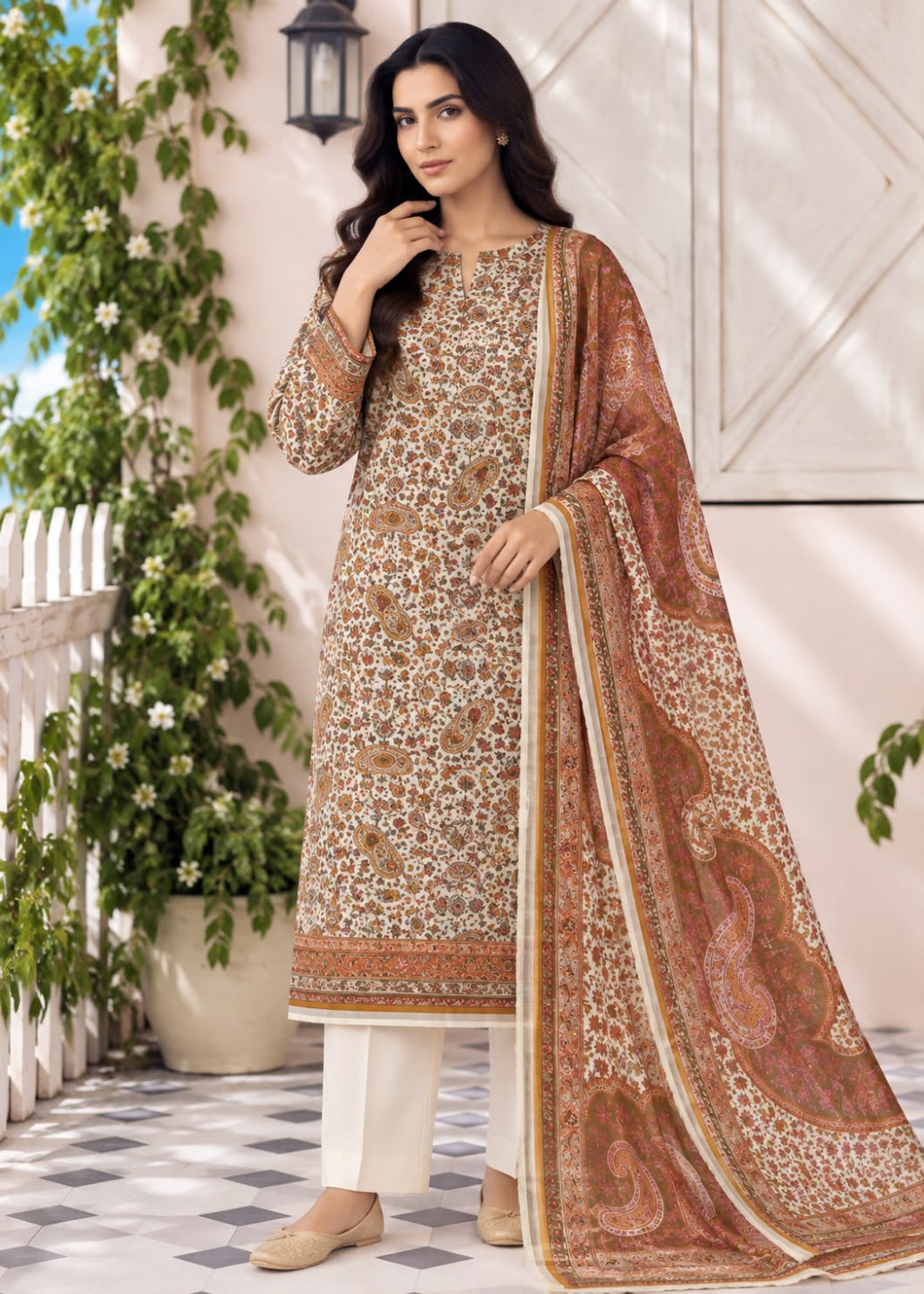 A woman models a traditional South Asian salwar kameez suit set. The set features a beige kurta with intricate brown and gold floral patterns, paired with white trousers and a matching brown paisley dupatta draped over her shoulder.