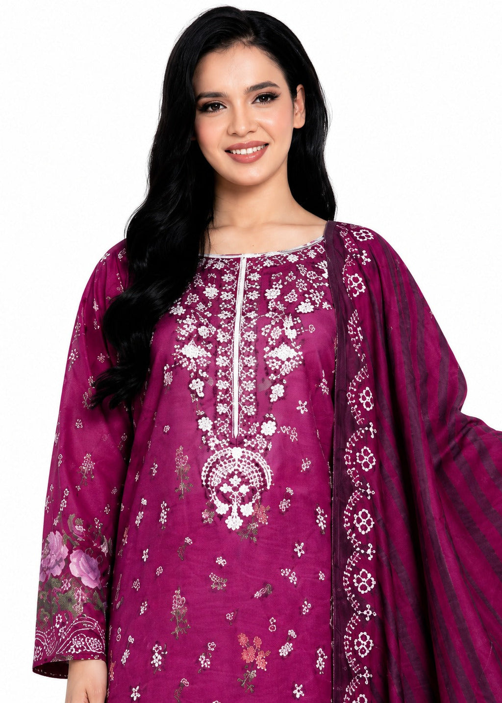 A woman modeling a magenta purple salwar kameez suit with white embroidery and a matching dupatta, set against a plain white background.